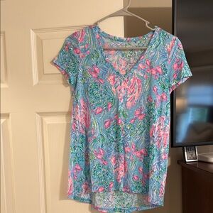 Floral V-Neck Women's Top - Blue and Pink